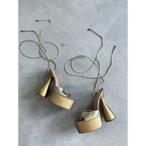 GOLD Platform Martini Lace Up Heels. size 8.5